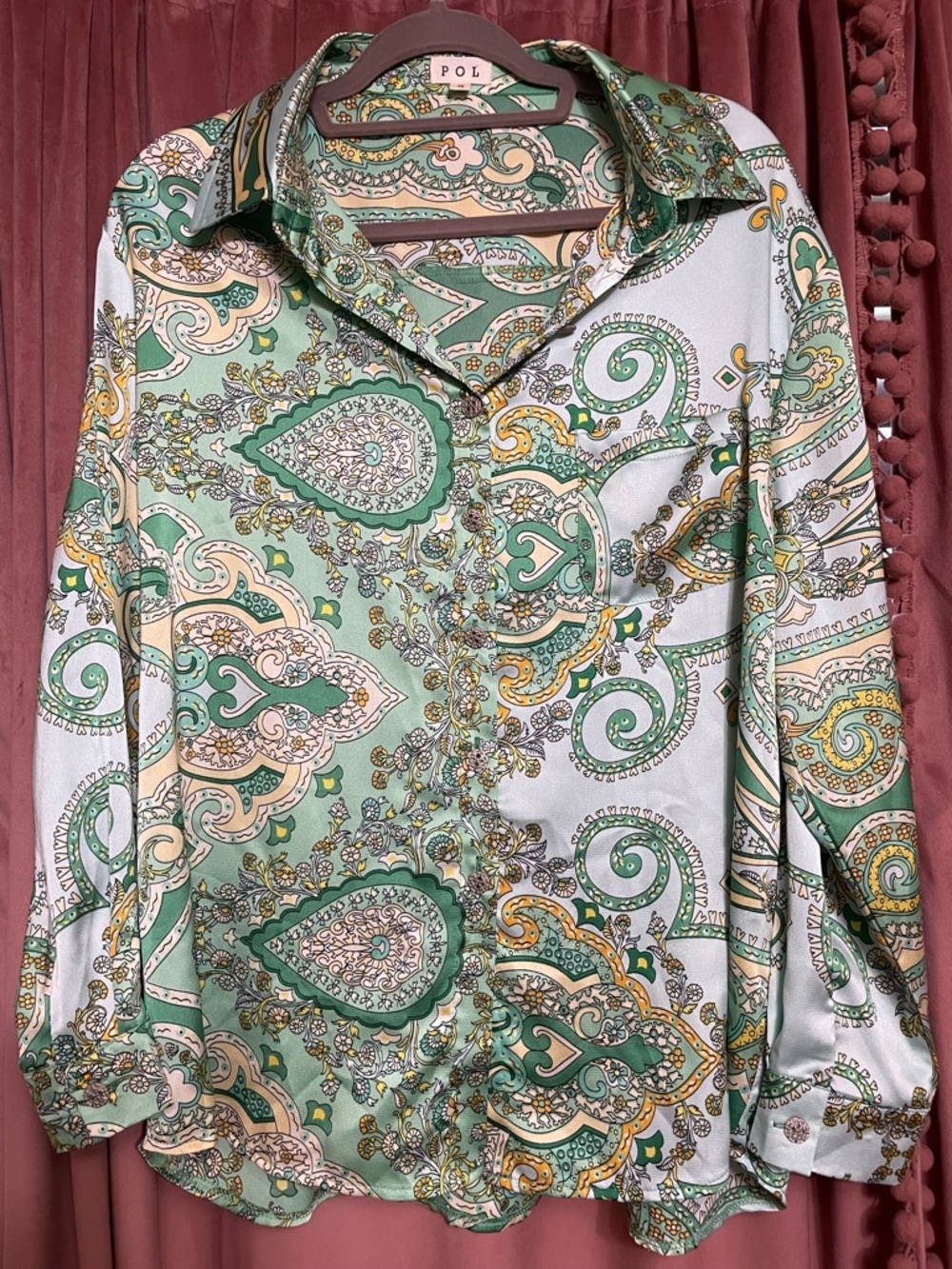 POL Paisley Print Button-Up long sleeve blouse